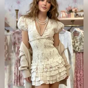 LoveShackFancy NWT Radia Smocked Cotton Cream Pink Floral Mini Dress size Large